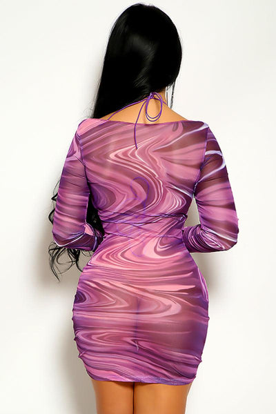 Purple Geometric Print Mesh Two Piece Party Dress - AMIClubwear