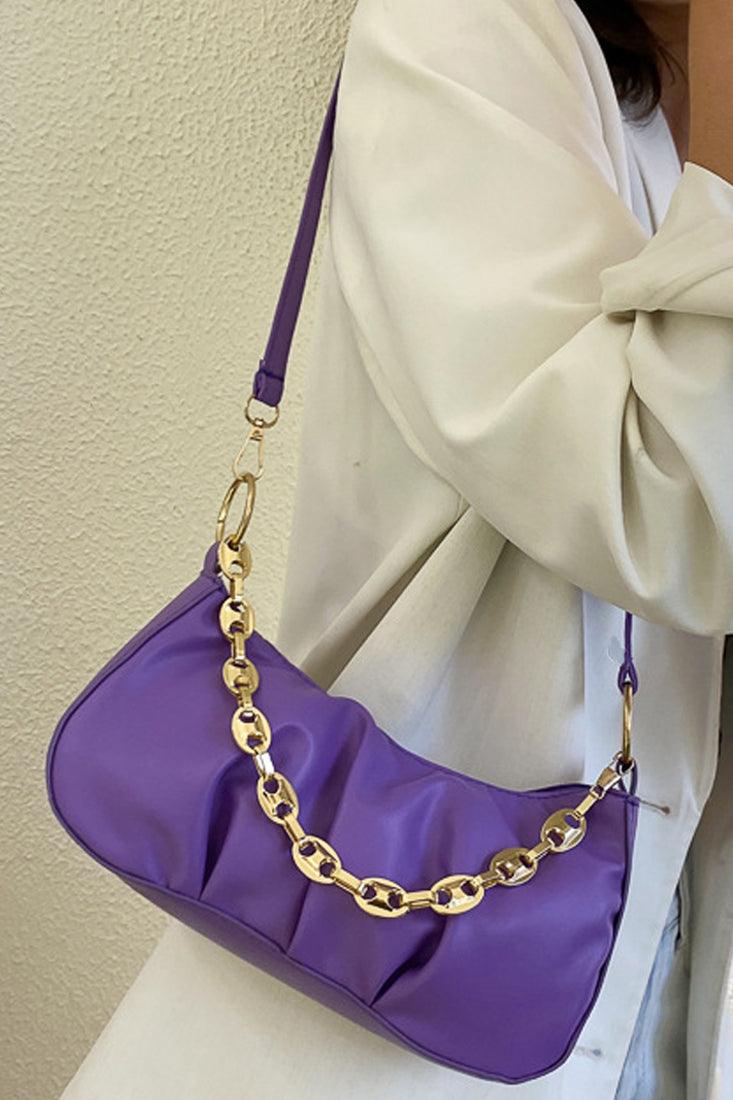 Purple Gold Chain Strap Ruched Cross Body Hand Bag - AMIClubwear