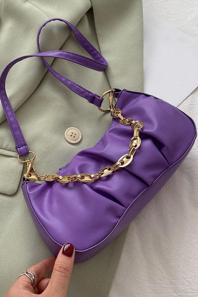 Purple Gold Chain Strap Ruched Cross Body Hand Bag - AMIClubwear