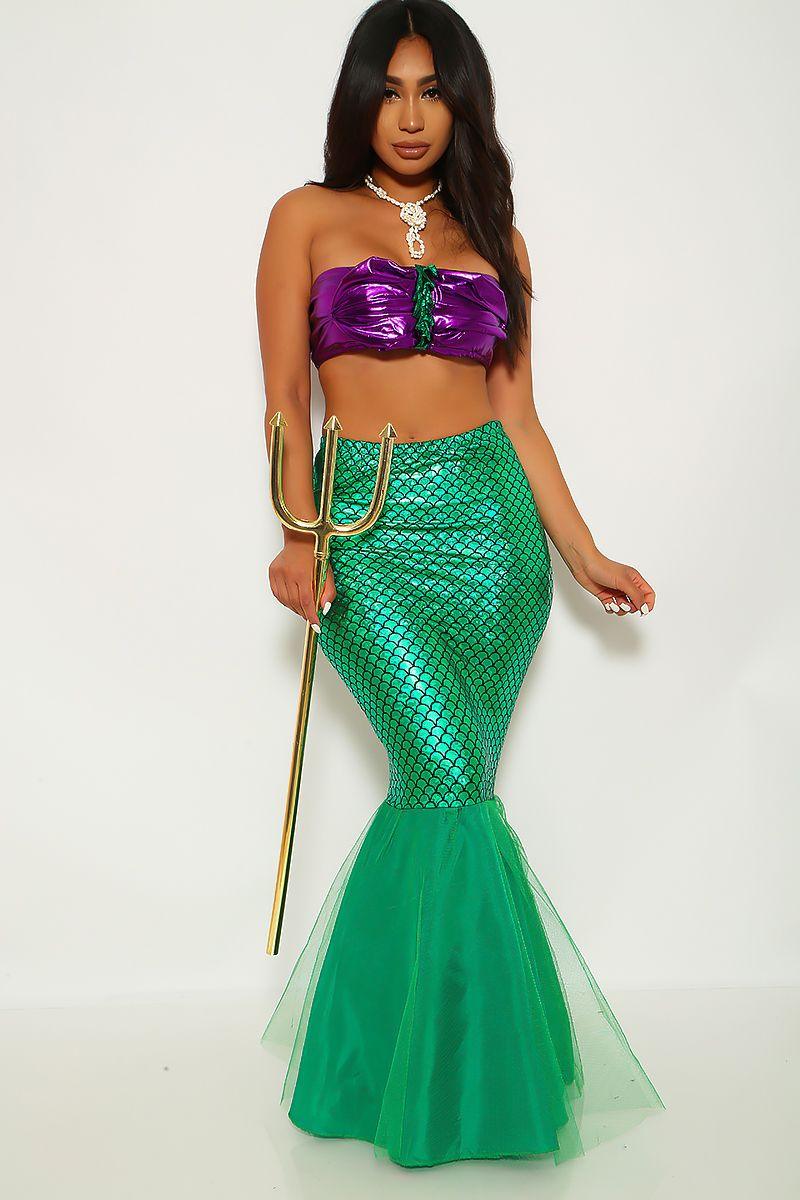 Purple Green 2Pc Sexy Metallic Mesh Mermaid Costume - AMIClubwear