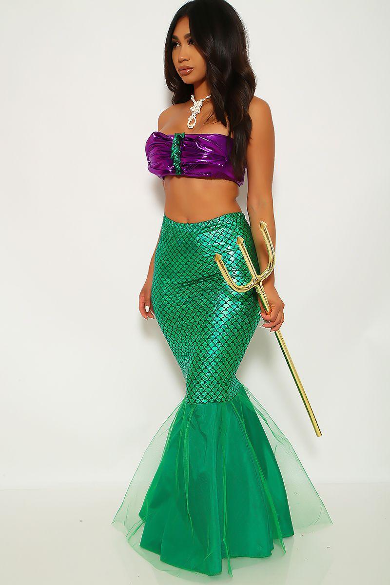 Purple Green 2Pc Sexy Metallic Mesh Mermaid Costume - AMIClubwear