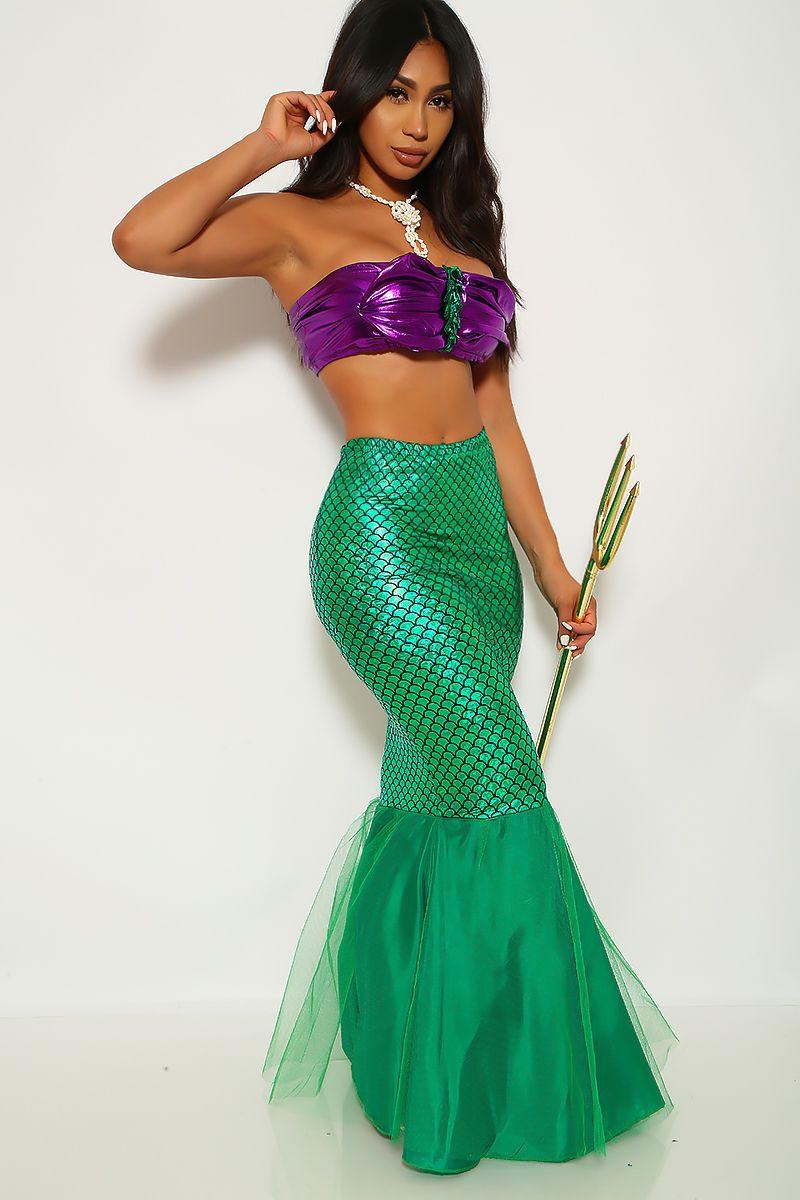 Purple Green 2Pc Sexy Metallic Mesh Mermaid Costume - AMIClubwear