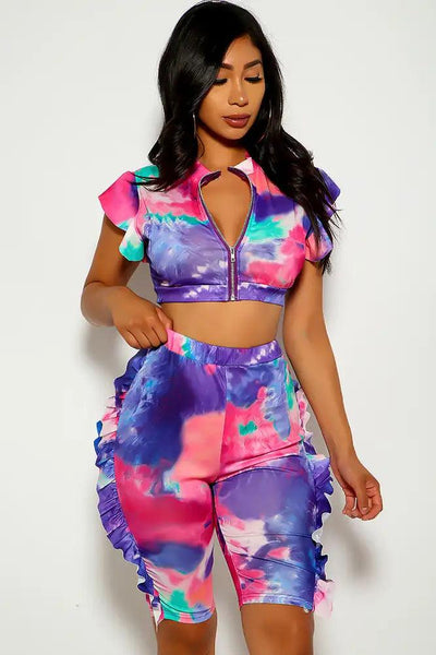 Purple Green Ruffled Two Piece Outfit - AMIClubwear