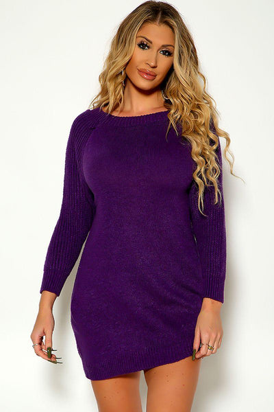 Purple Long Sleeve Cozy Knitted Sweater Dress - AMIClubwear