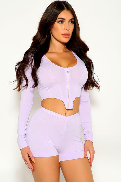 Purple Long Sleeve Front Zipper Two Piece Outfit - AMIClubwear