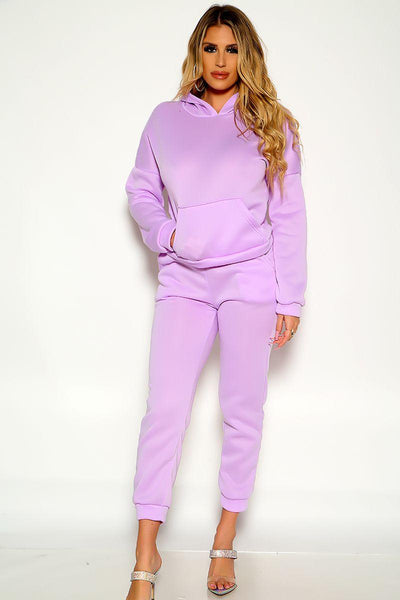 Purple Long Sleeve Hooded Cozy Loungewear Two Piece Outfit - AMIClubwear