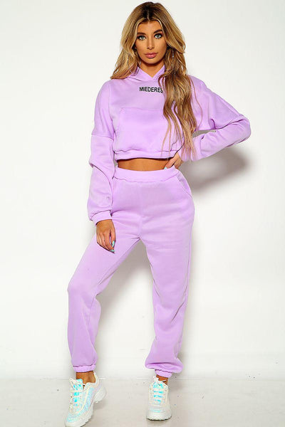 Purple Long Sleeve Hooded Cropped Loungewear Two Piece Outfit - AMIClubwear