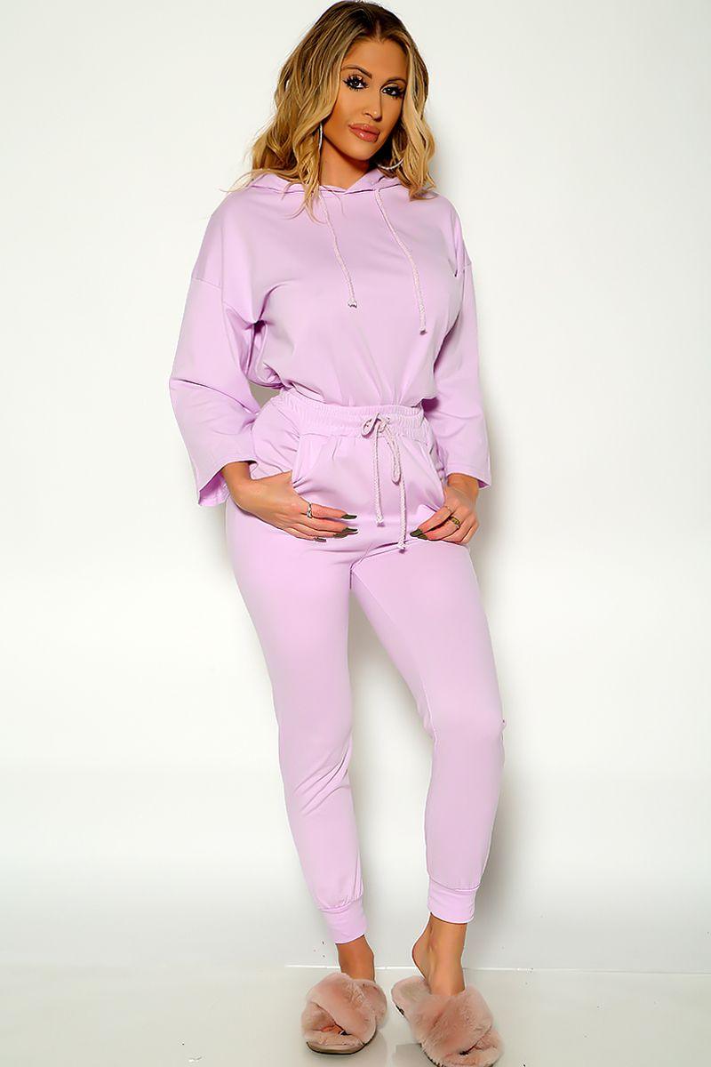 Purple Long Sleeve Hooded Lounge Wear Two Piece Outfit - AMIClubwear