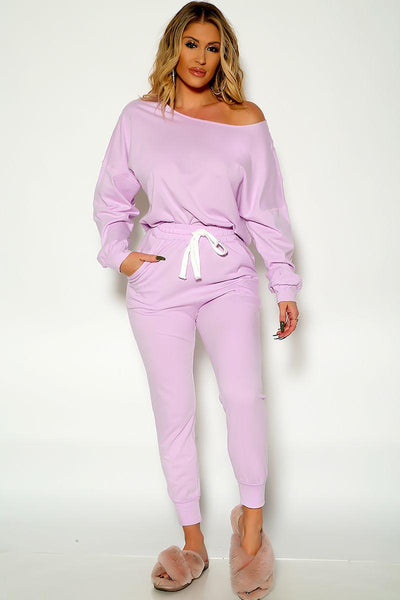 Purple Long Sleeve Off The Shoulder Two Piece Lounge Wear Two Piece Outfit - AMIClubwear