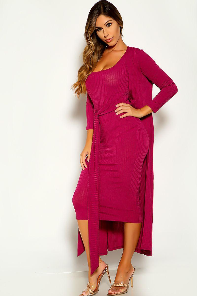 Purple Long Sleeve Two Piece Dress Cardigan Set - AMIClubwear