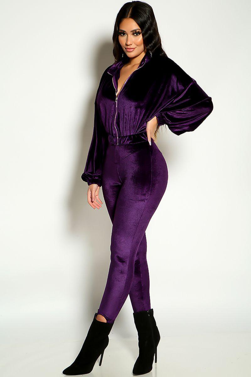 Purple Long Sleeve Velvet Two Piece Loungewear - AMIClubwear