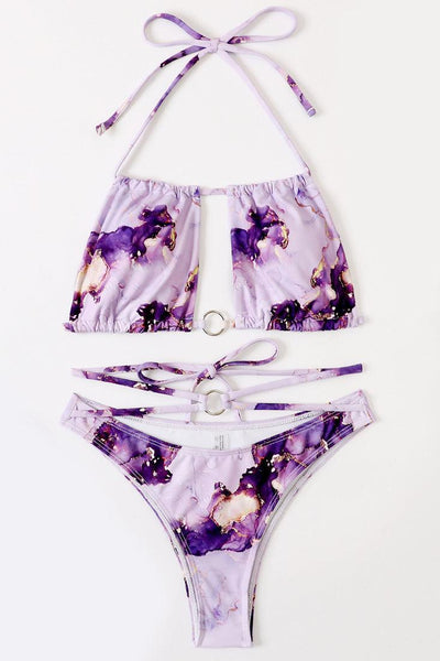 Purple Marble Design Square Halter Top Criss-Cross 2 Pc Bikini Set - AMIClubwear