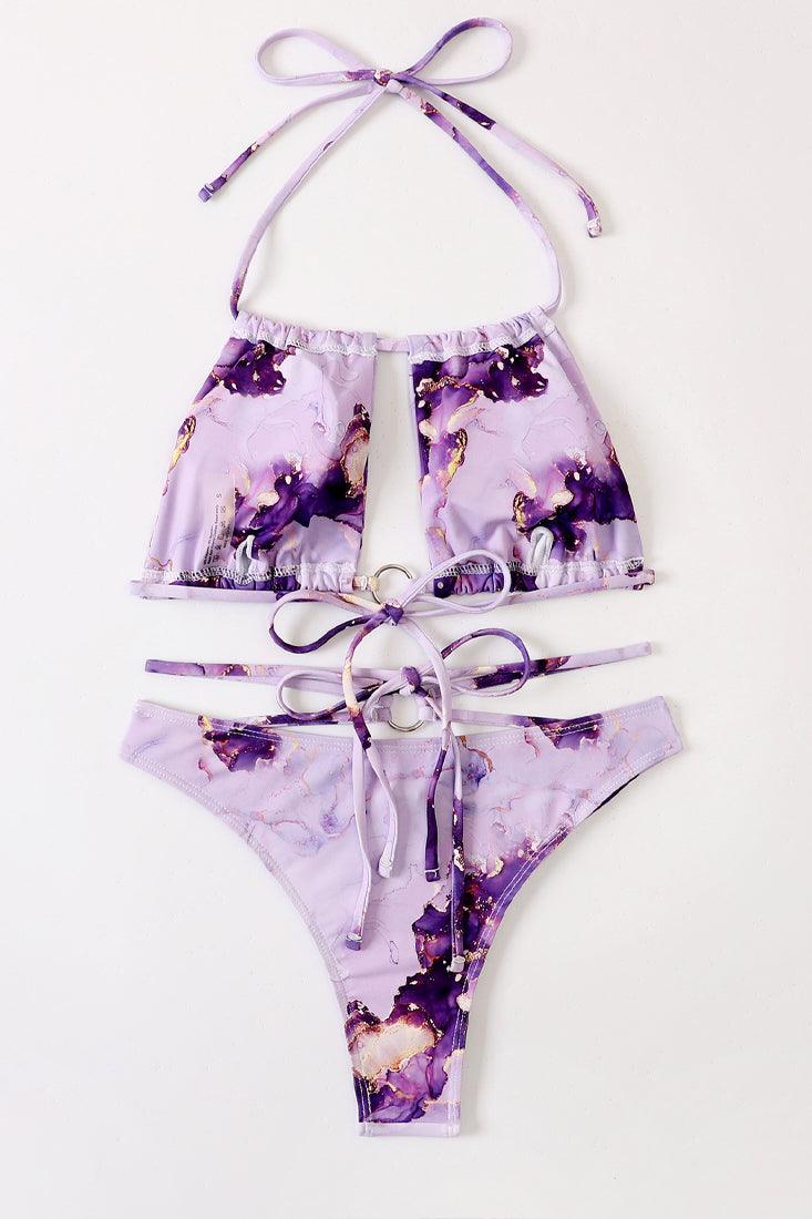 Purple Marble Design Square Halter Top Criss-Cross 2 Pc Bikini Set - AMIClubwear