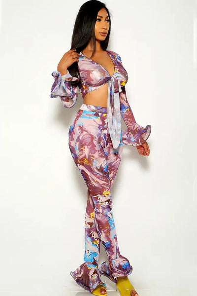 Purple Mesh Bell Sleeve Two Piece Outfit - AMIClubwear