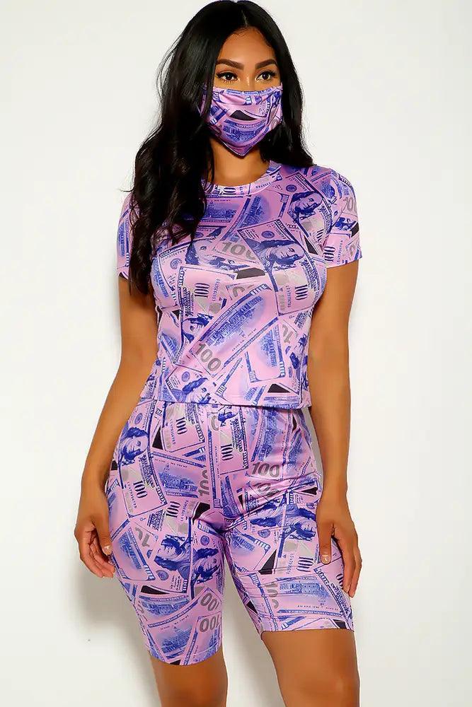 Purple Money Print Short Sleeve Casual Three Piece Outfit - AMIClubwear