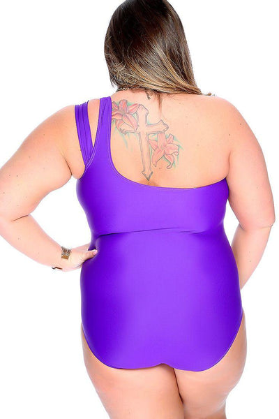 Purple One Shoulder Plus Size One Piece Swimsuit - AMIClubwear