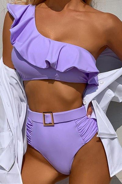 Purple One Shoulder Ruffled Belted High Waist Two  Piece Sexy Swimsuit - AMIClubwear