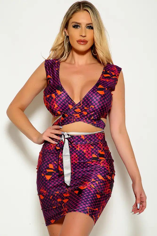 Purple Orange Sleeveless Cross Wrap Two Piece Dress - AMIClubwear