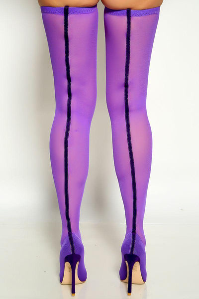 Purple Pointy Toe Mesh Sexy Single Sole Thigh High Heel Boots - AMIClubwear