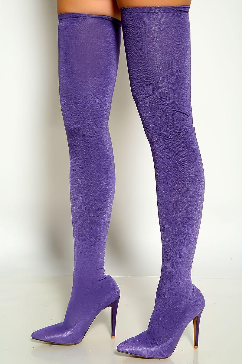 Purple Pointy Toe Stretchy Thigh High Heel Boots - AMIClubwear