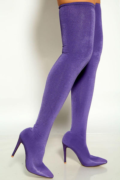 Purple Pointy Toe Stretchy Thigh High Heel Boots - AMIClubwear