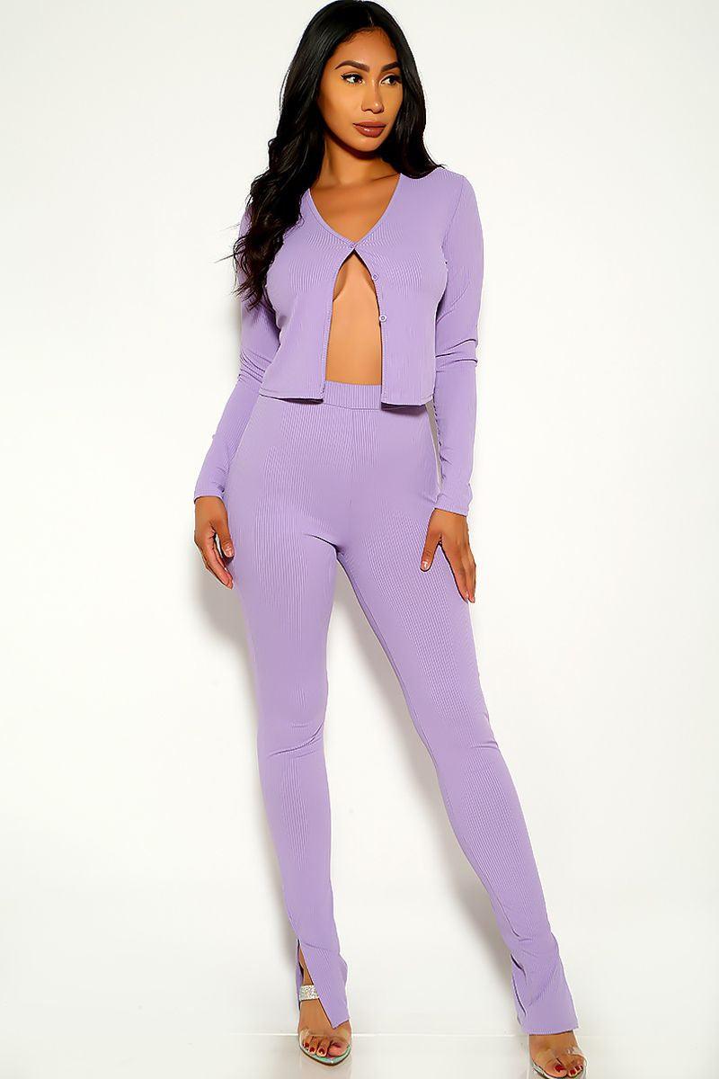 Purple Ribbed Long Sleeve Two Piece Outfit - AMIClubwear