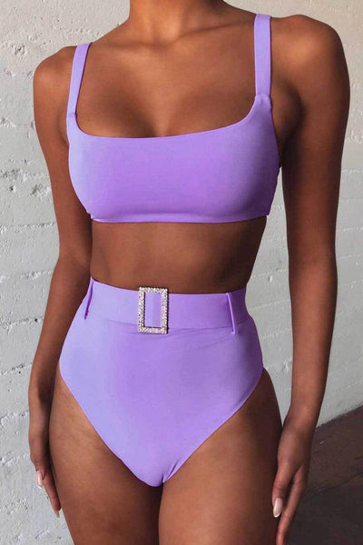 Purple Sleeveless High Waist Rhinestone Detail Two Piece Sexy Swimsuit - AMIClubwear