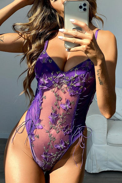 Purple Sleeveless Mesh Butterfly Embroidered Lace Up Detail Teddy - AMIClubwear