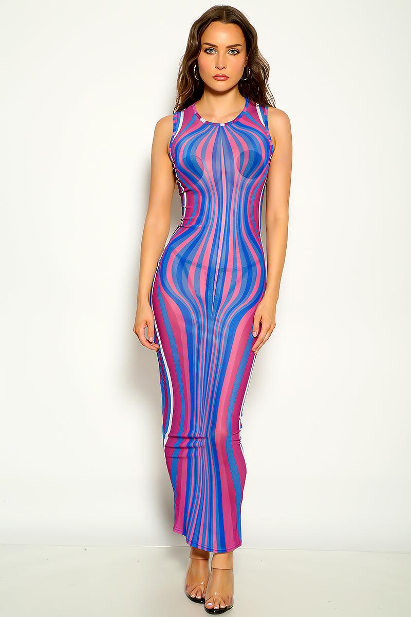 Purple Striped Sleeveless Mesh Maxi Party Dress - AMIClubwear