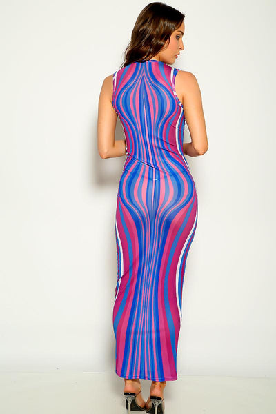 Purple Striped Sleeveless Mesh Maxi Party Dress - AMIClubwear
