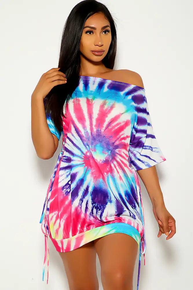 Purple Tie Dye Short Sleeve Dress - AMIClubwear