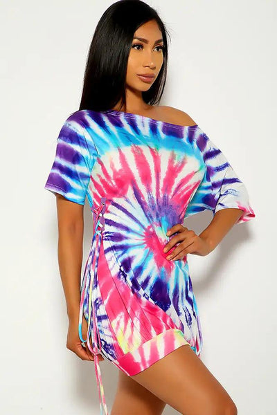 Purple Tie Dye Short Sleeve Dress - AMIClubwear