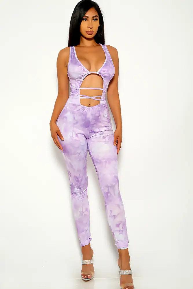 Purple Tie Dye Sleeveless Strappy Jumpsuit - AMIClubwear