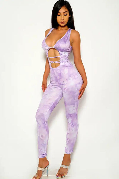 Purple Tie Dye Sleeveless Strappy Jumpsuit - AMIClubwear