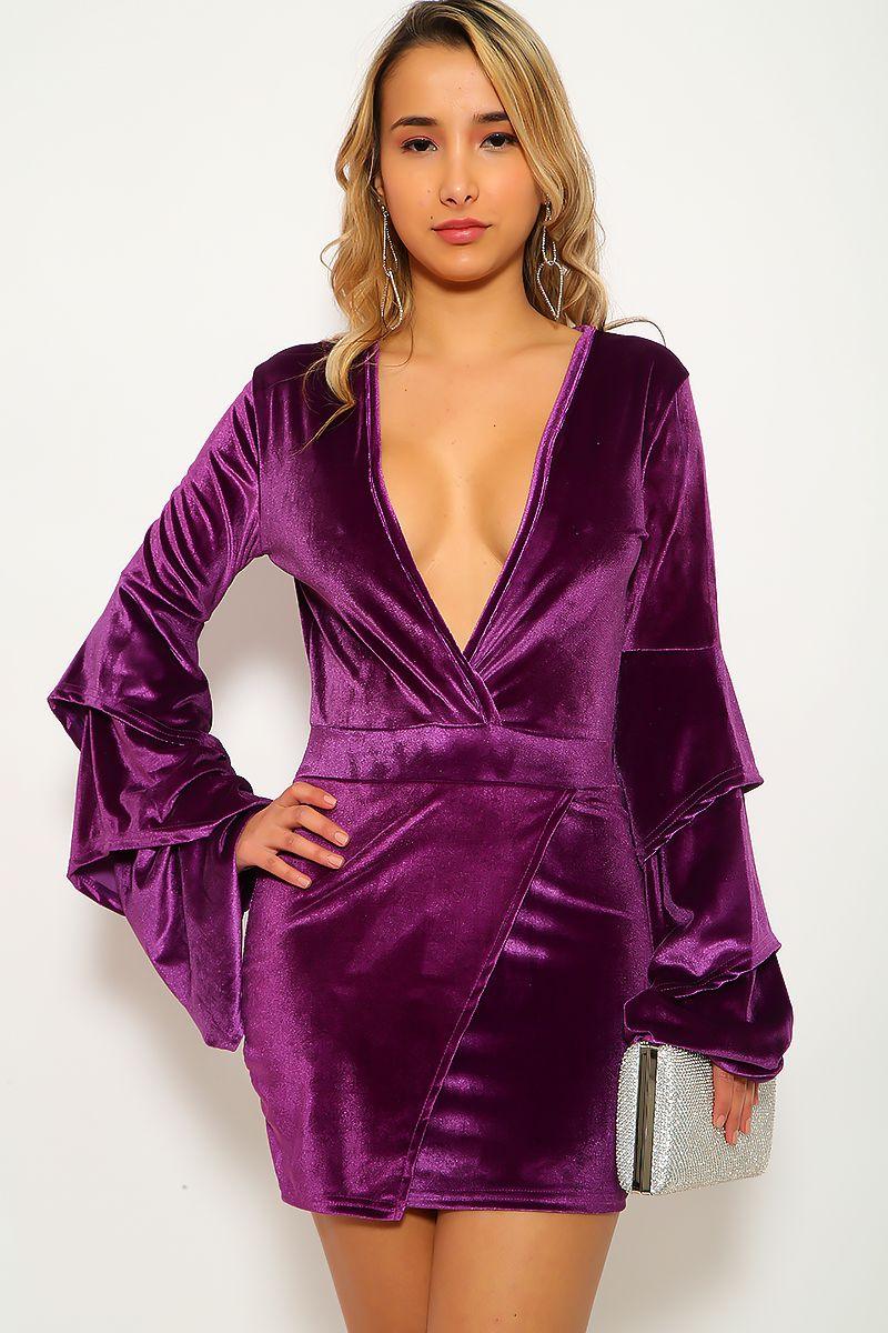 Purple Velvet Long Sleeve Party Dress - AMIClubwear
