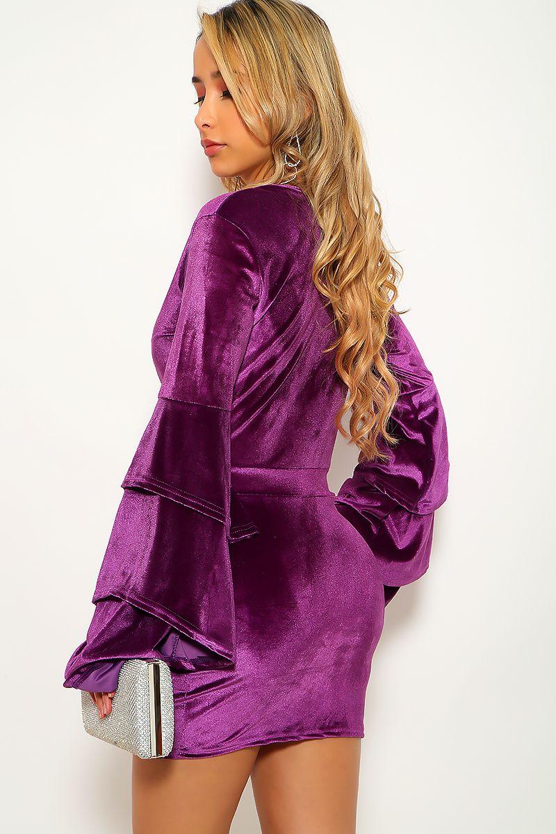 Purple Velvet Long Sleeve Party Dress - AMIClubwear