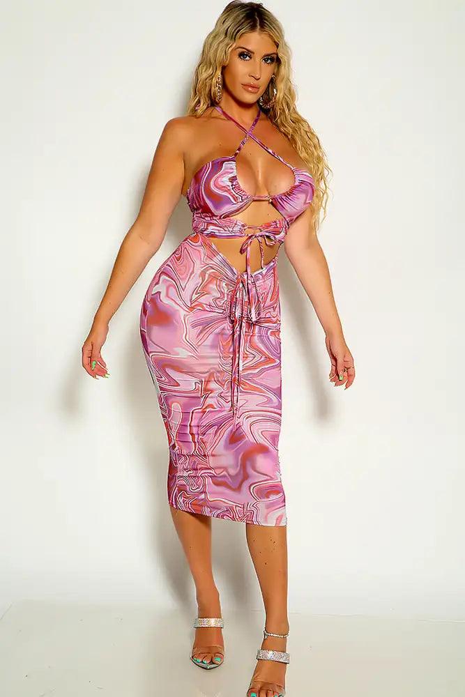 Purple White Cross Strap Cut Out Knee Length Dress - AMIClubwear