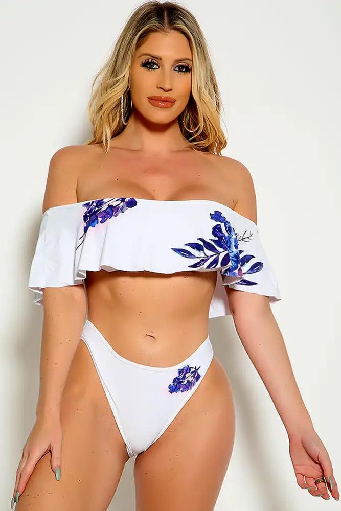 Purple White Off The Shoulder Ruffled Two Piece Swimsuit - AMIClubwear