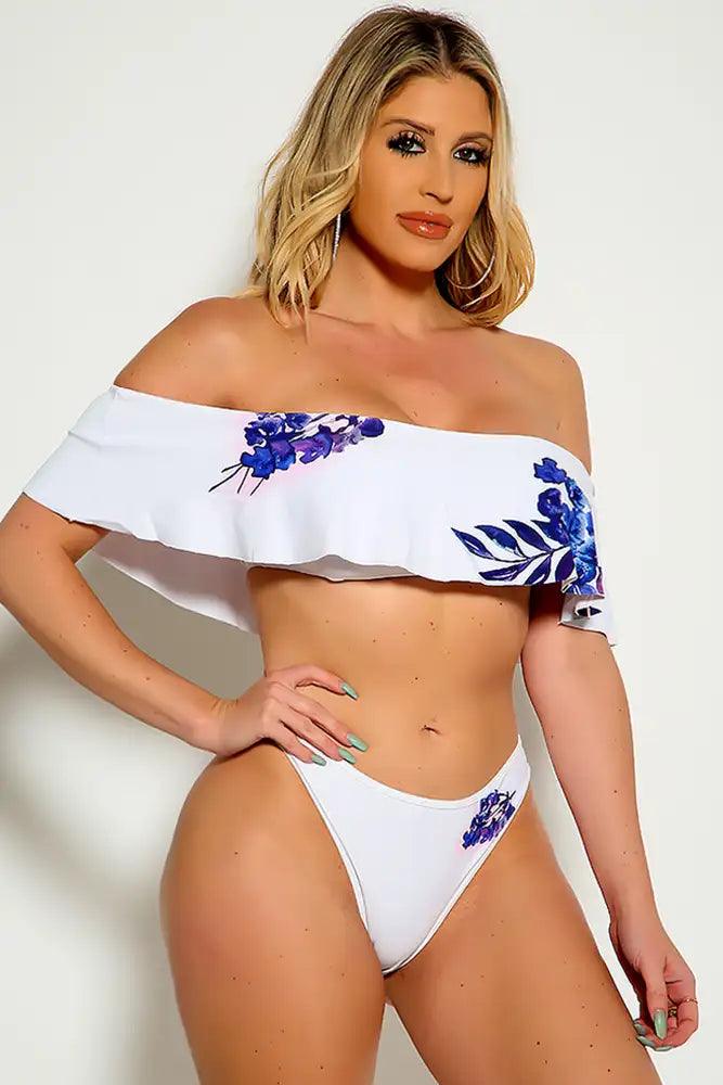 Purple White Off The Shoulder Ruffled Two Piece Swimsuit - AMIClubwear