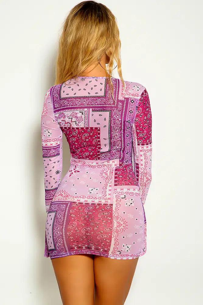 Purple White Paisley Print Long Sleeve Mesh Ruched Dress - AMIClubwear