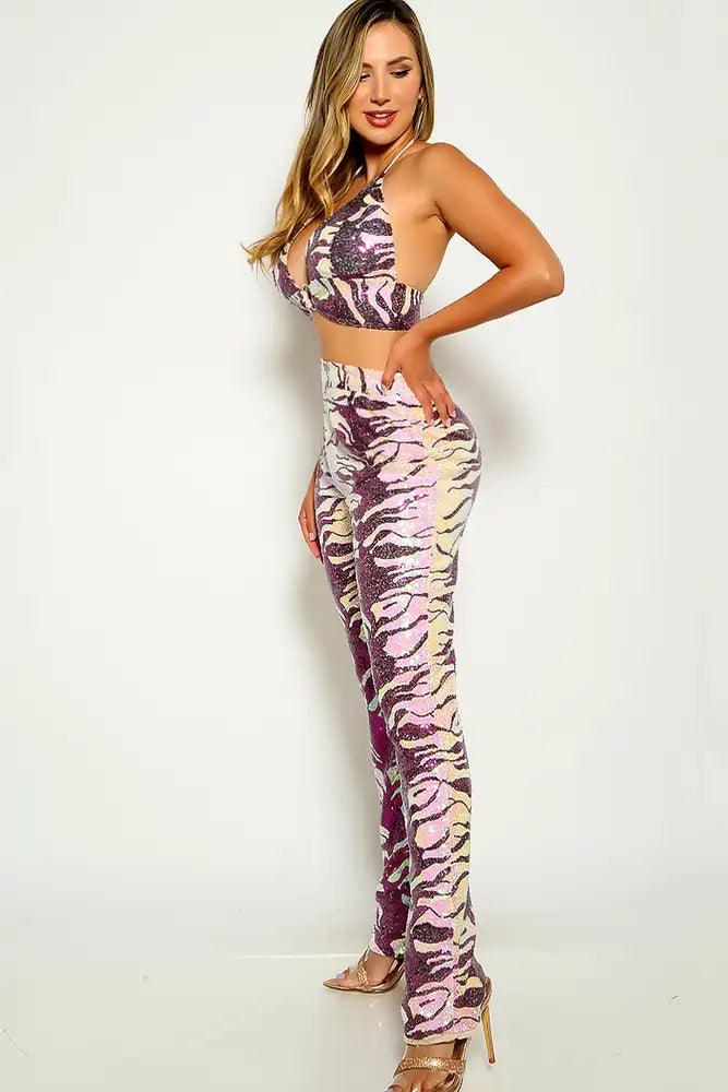 Purple White Sequins Dressy Two Piece Putfit - AMIClubwear