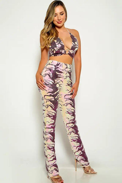 Purple White Sequins Dressy Two Piece Putfit - AMIClubwear