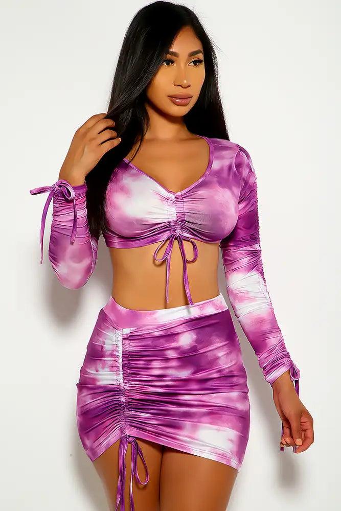 Purple White Tie Dye Ruched Two Piece Dress - AMIClubwear