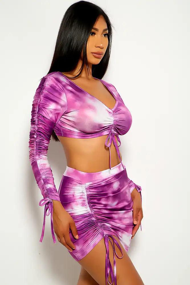 Purple White Tie Dye Ruched Two Piece Dress - AMIClubwear