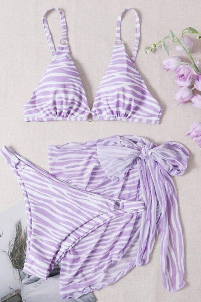 Purple Zebra Print O-Ring Three Piece Swimsuit - AMIClubwear