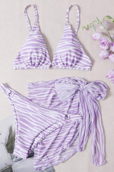 Purple Zebra Print O-Ring Three Piece Swimsuit - AMIClubwear