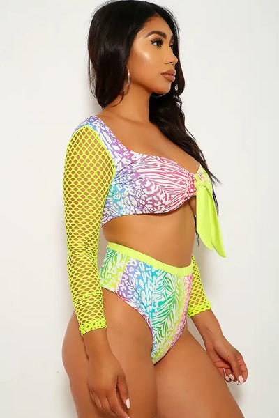 Rainbow Animal Print Netted High Waist Two Piece Swimsuit - AMIClubwear