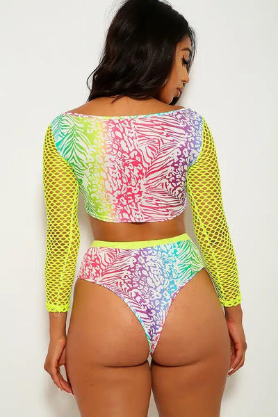 Rainbow Animal Print Netted High Waist Two Piece Swimsuit - AMIClubwear