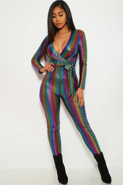 Rainbow Checkered Print Long Sleeve Jumpsuit - AMIClubwear
