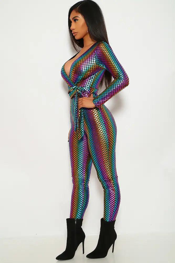 Rainbow Checkered Print Long Sleeve Jumpsuit - AMIClubwear